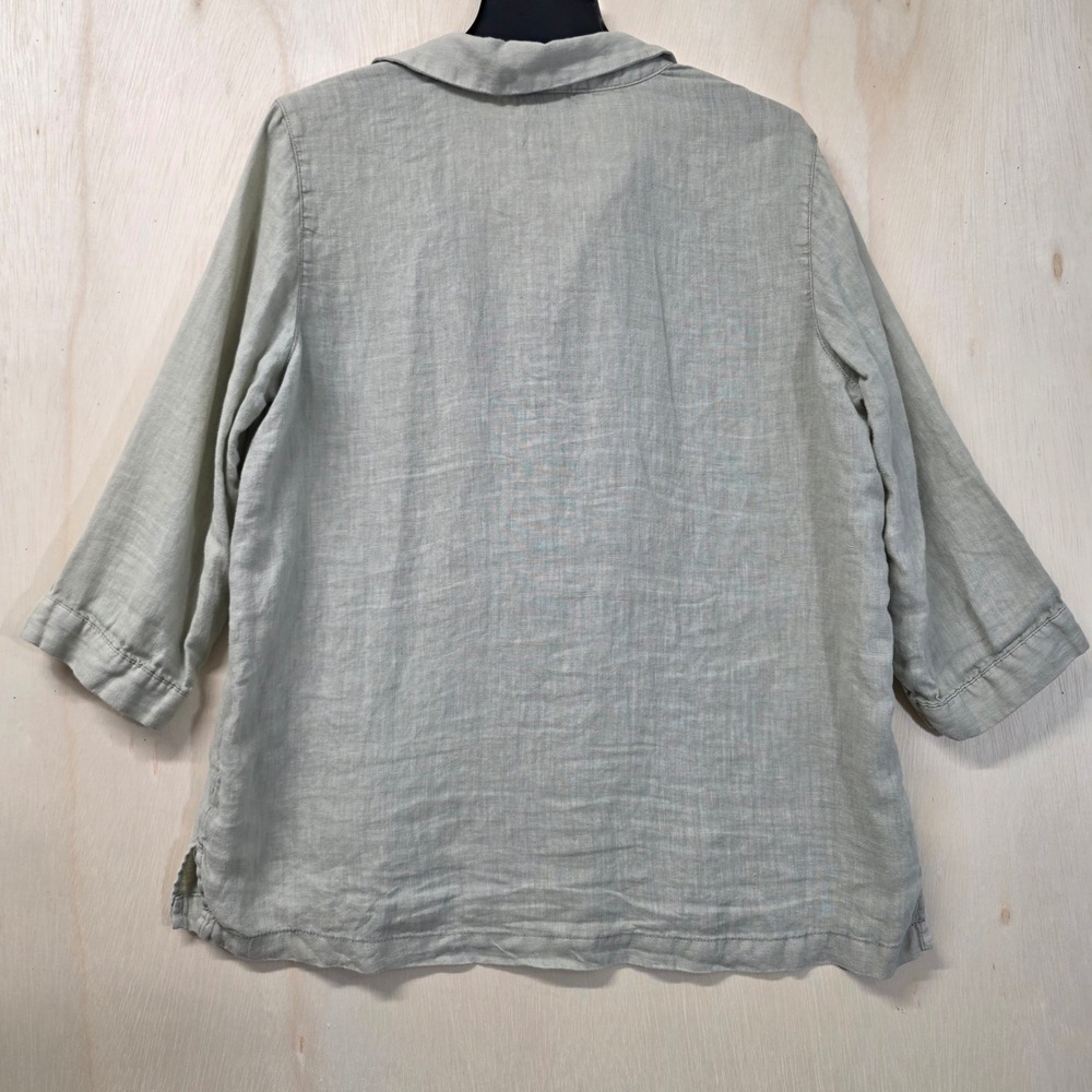 Tahari Linen Tunic Top Sage Green 3/4 Sleeve V-Neck Blouse Large - Picture 10 of 13